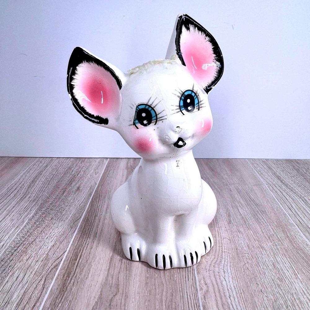 Vintage Ceramic Kitten Cat Figurine - Kitsch Japan Anthropomorphic - White Black